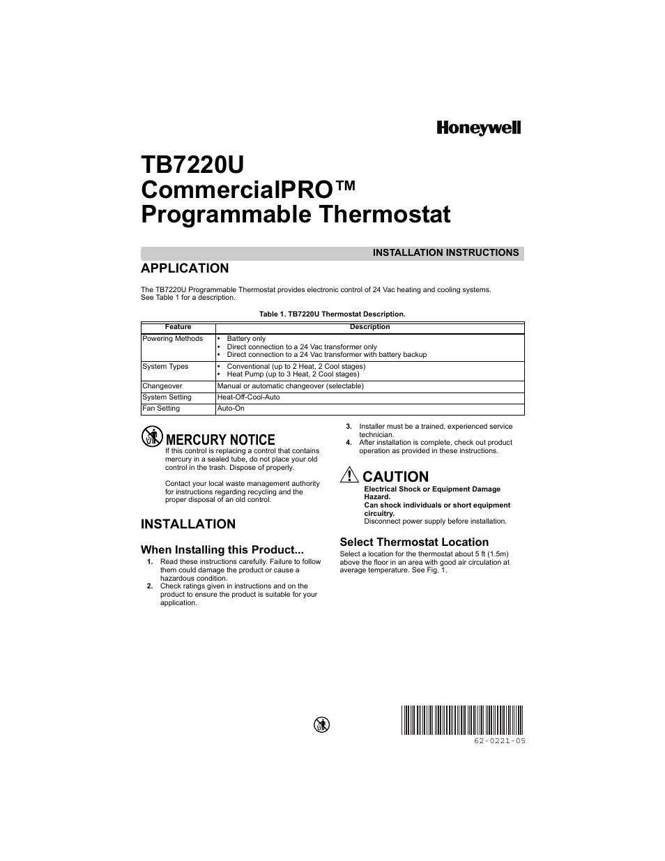 Honeywell COMMERCIALPRO TB7220U User Manual | 16 pages