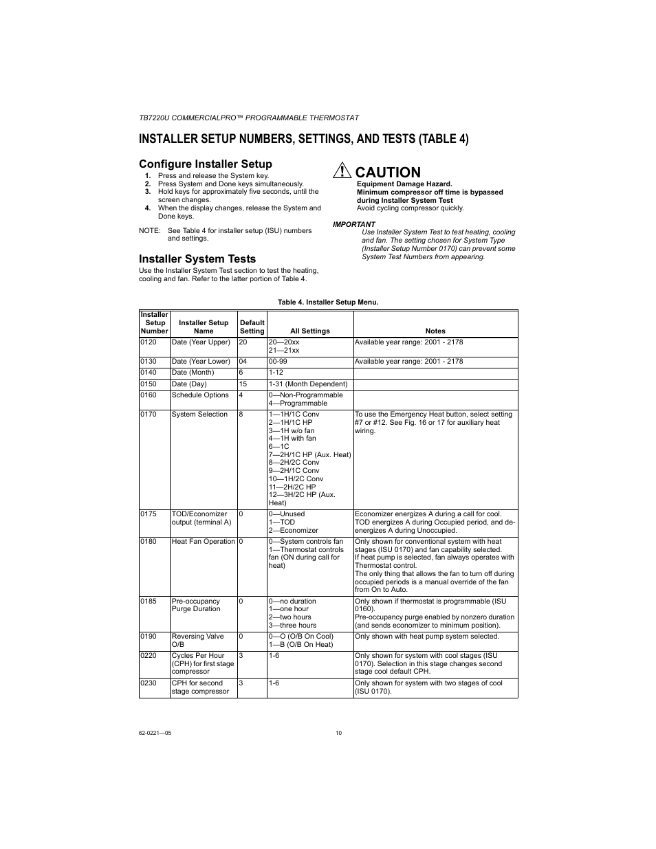 Configure installer setup, Installer system tests, Caution | Honeywell COMMERCIALPRO TB7220U User Manual | Page 10 / 16