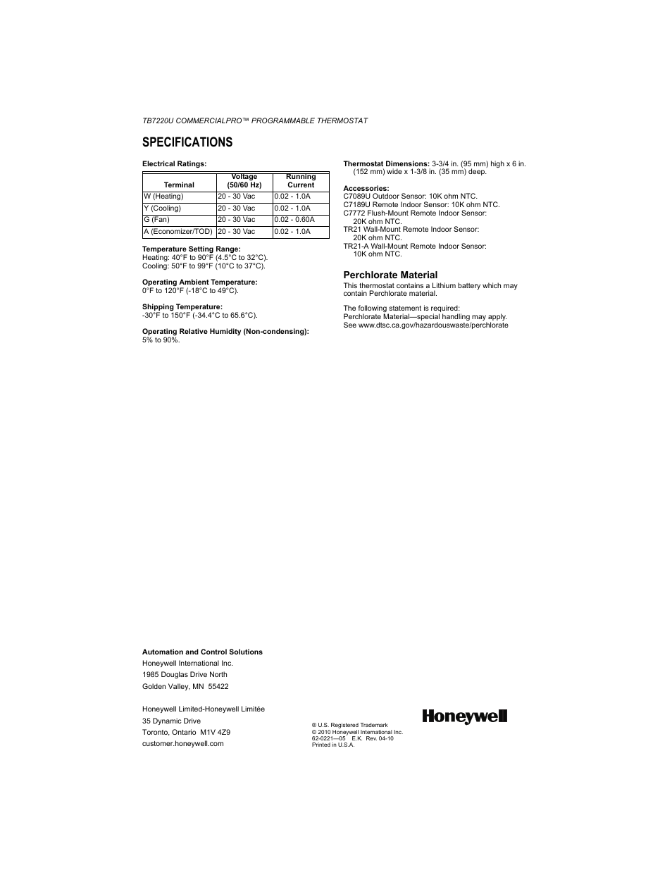 Specifications, Perchlorate material | Honeywell COMMERCIALPRO TB7220U User Manual | Page 16 / 16