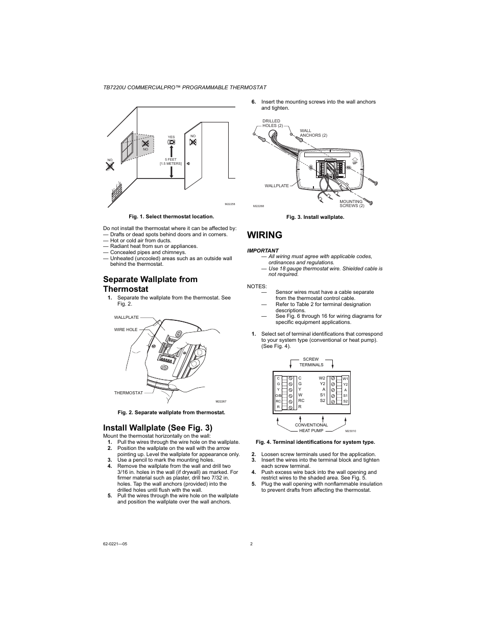 Separate wallplate from thermostat, Install wallplate (see fig. 3), Wiring | Honeywell COMMERCIALPRO TB7220U User Manual | Page 2 / 16