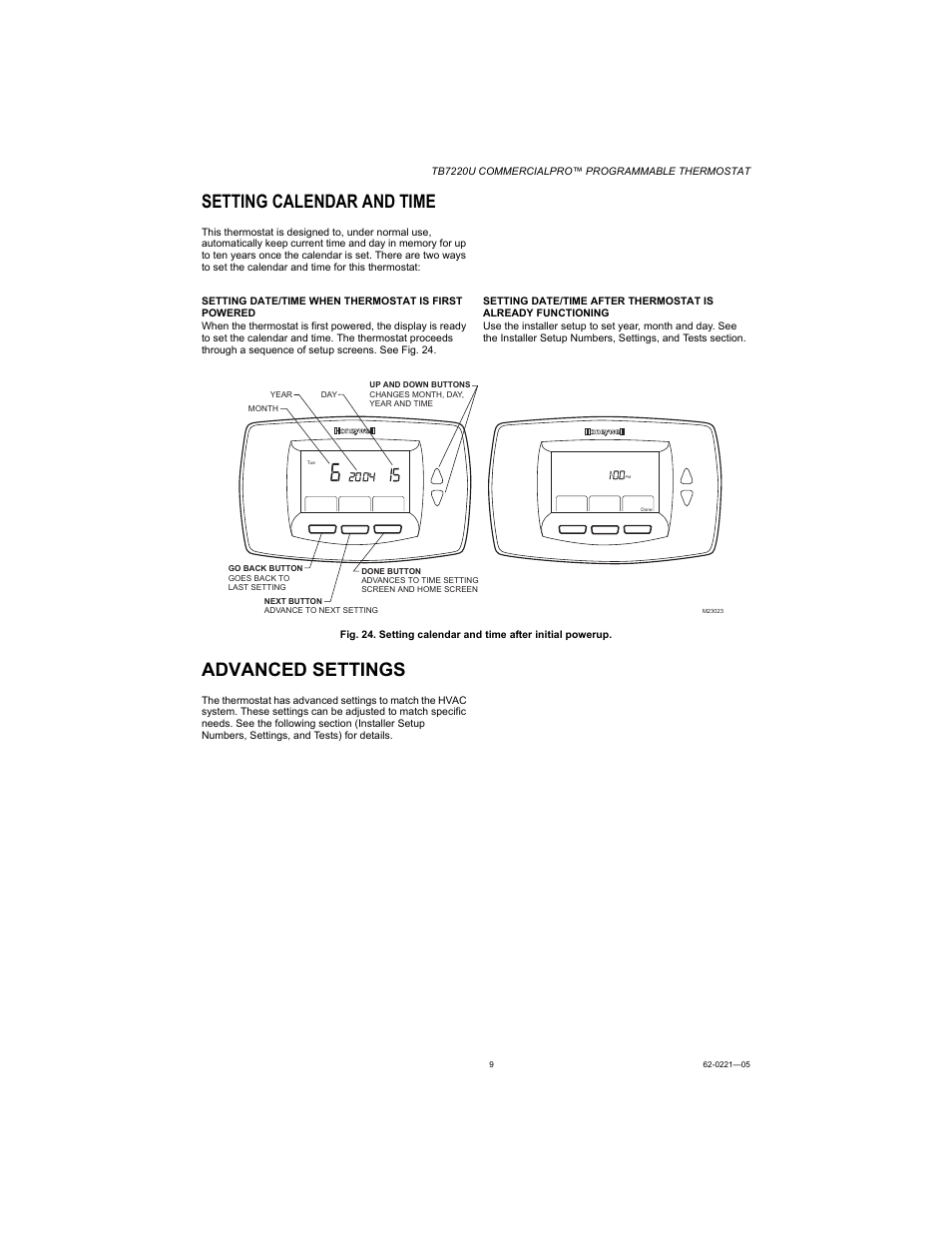 Setting calendar and time, Advanced settings | Honeywell COMMERCIALPRO TB7220U User Manual | Page 9 / 16