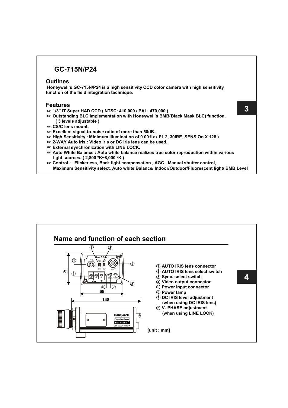 Outlines, Features | Honeywell GC-715P24 User Manual | Page 4 / 14