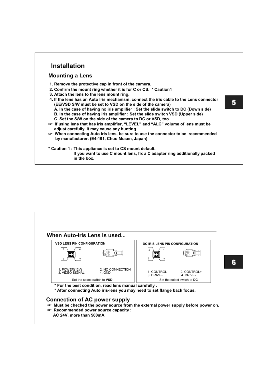 Installation, Mounting a lens, When auto-iris lens is used | Connection of ac power supply | Honeywell GC-715P24 User Manual | Page 5 / 14