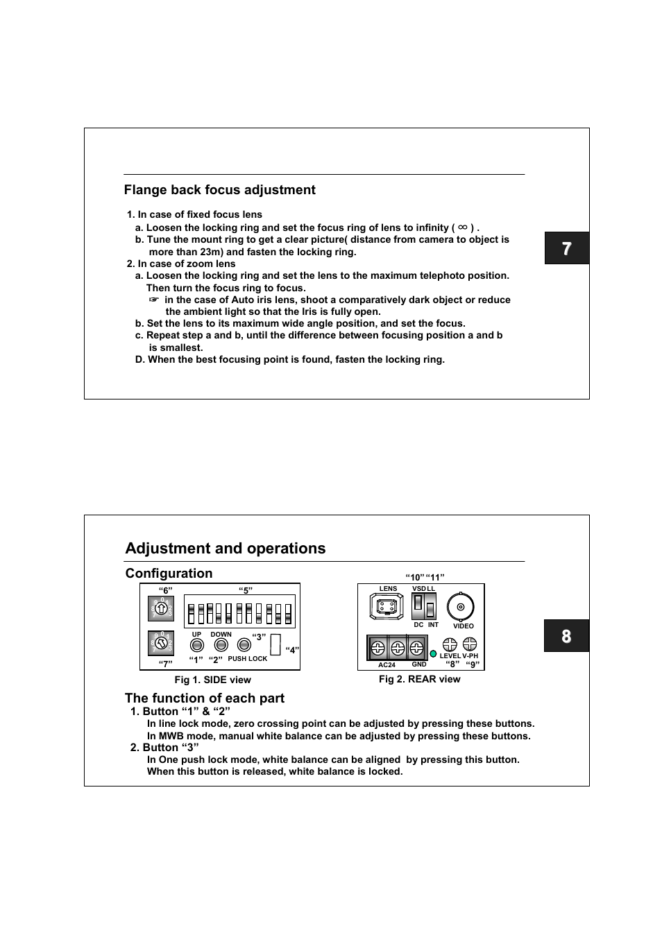 Adjustment and operations, Configuration the function of each part, Flange back focus adjustment | Honeywell GC-715P24 User Manual | Page 6 / 14