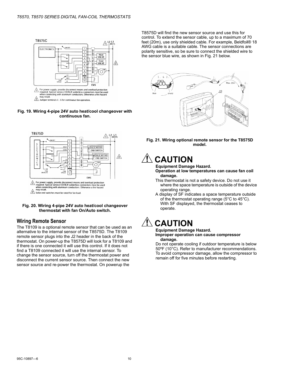 Caution, Wiring remote sensor | Honeywell T6570 User Manual | Page 10 / 12