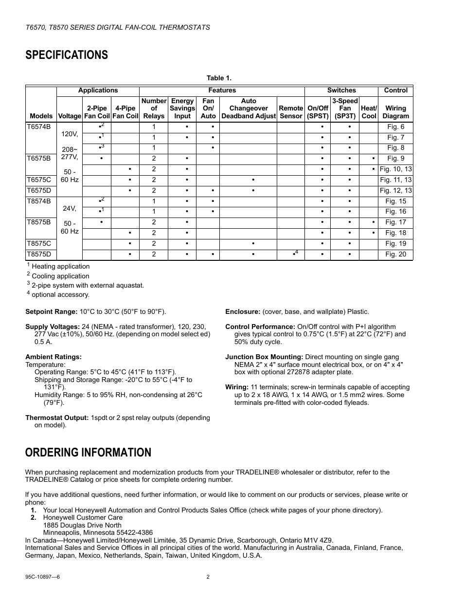 Specifications, Ordering information | Honeywell T6570 User Manual | Page 2 / 12