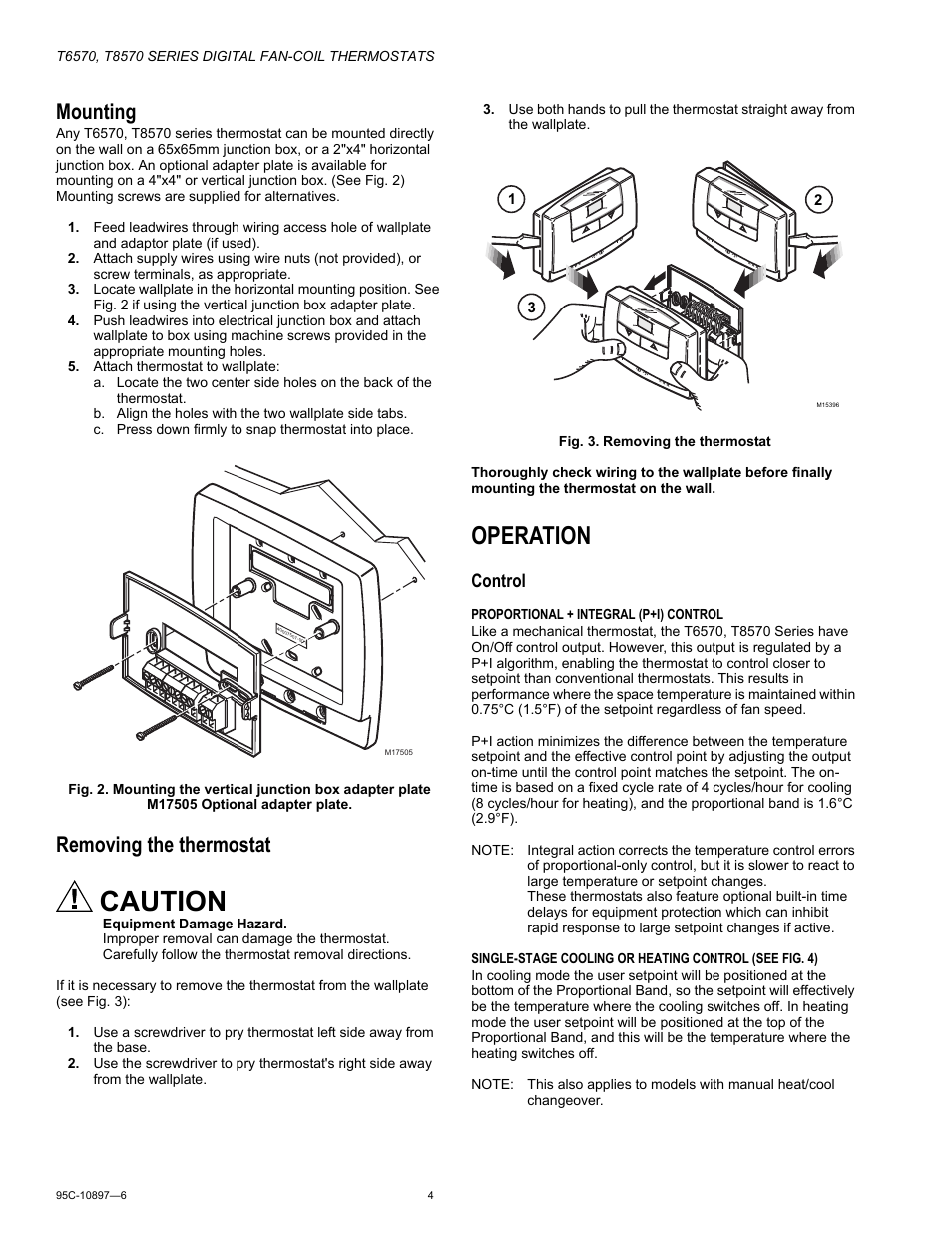 Mounting, Removing the thermostat, Operation | Caution, Control | Honeywell T6570 User Manual | Page 4 / 12