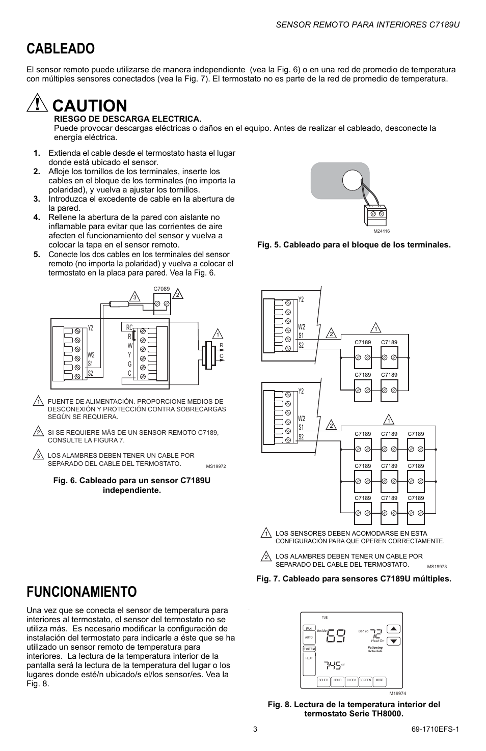 Caution, Cableado, Funcionamiento | Sensor remoto para interiores c7189u | Honeywell C7189U User Manual | Page 11 / 12