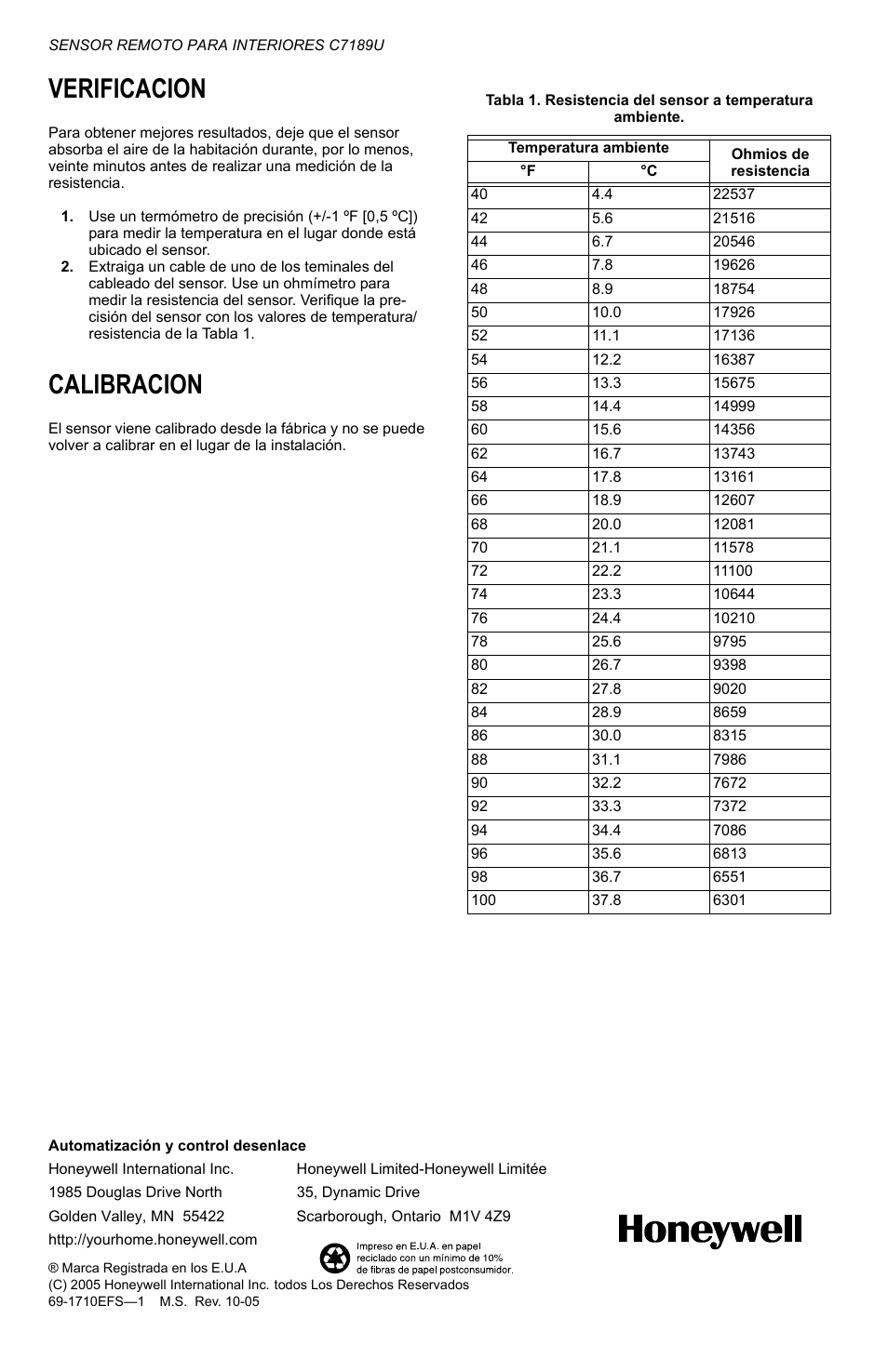 Verificacion, Calibracion | Honeywell C7189U User Manual | Page 12 / 12