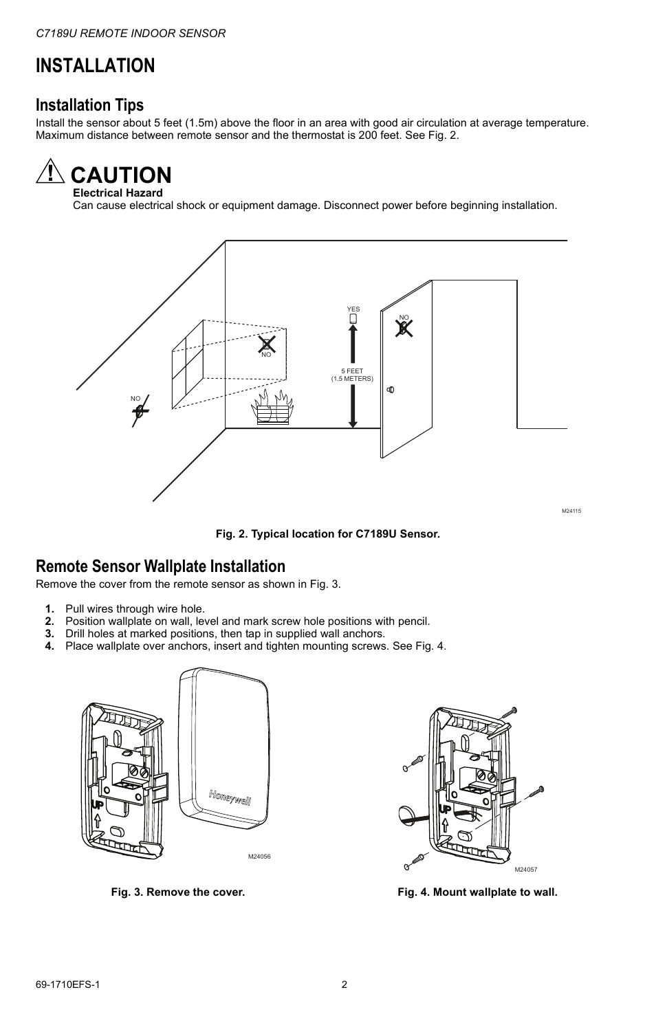 Caution, Installation, Installation tips | Remote sensor wallplate installation | Honeywell C7189U User Manual | Page 2 / 12