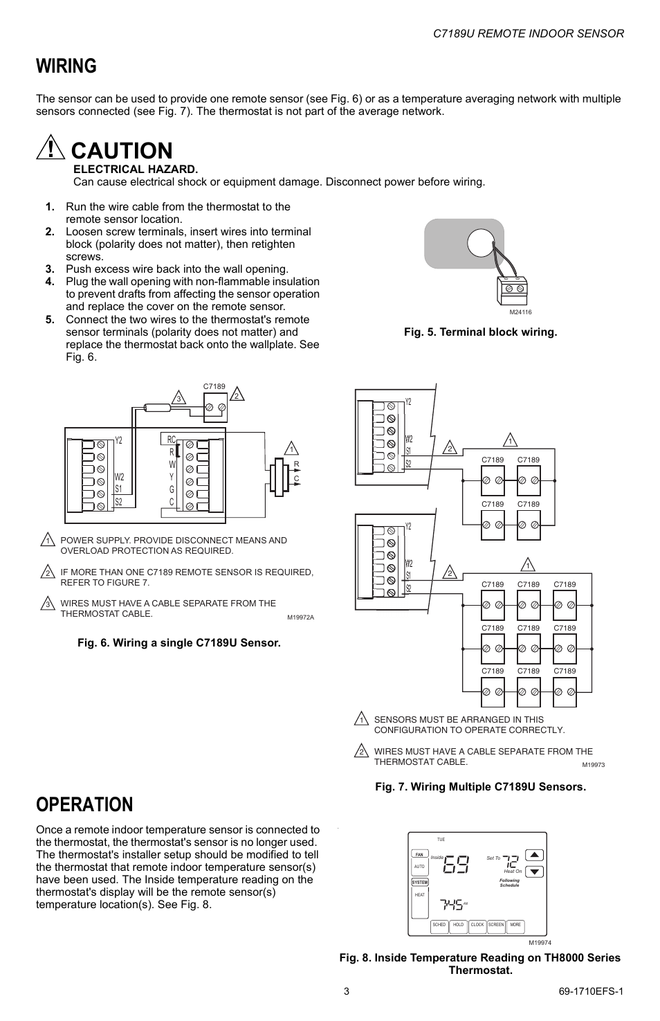 Caution, Wiring, Operation | C7189u remote indoor sensor | Honeywell C7189U User Manual | Page 3 / 12