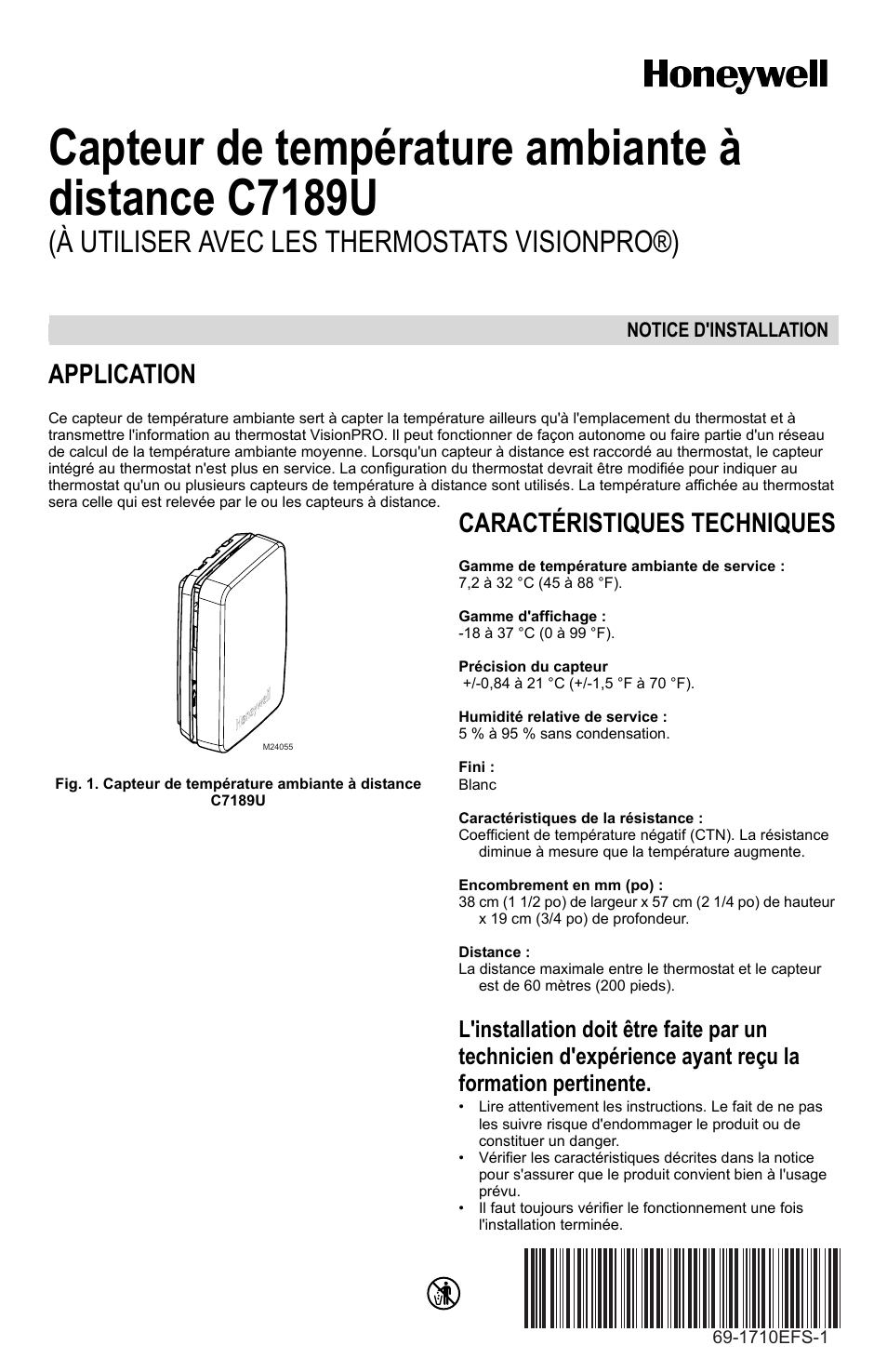 1710f.pdf, Capteur de température ambiante à distance c7189u, À utiliser avec les thermostats visionpro®) | Application, Caractéristiques techniques | Honeywell C7189U User Manual | Page 5 / 12