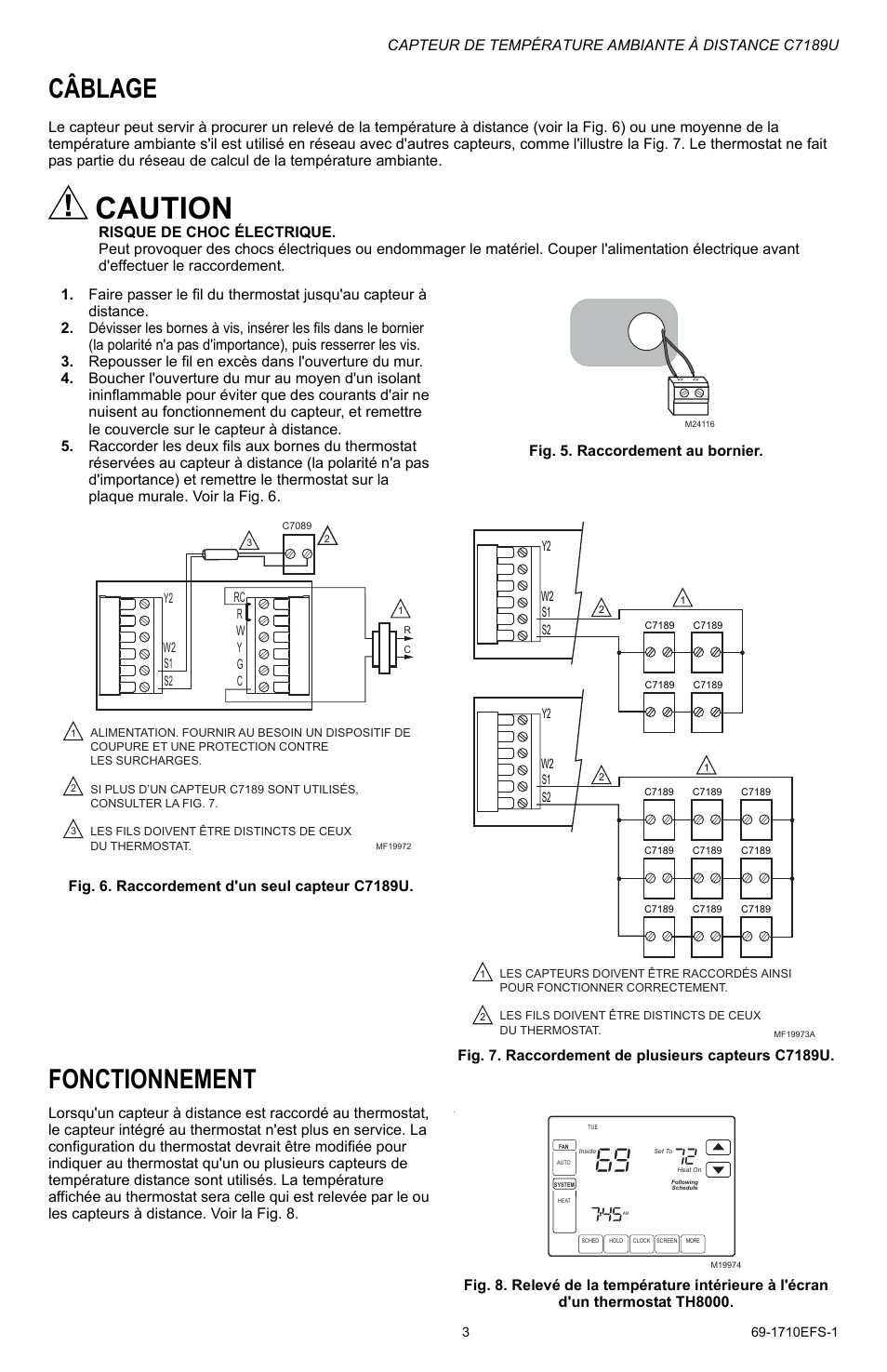 Caution, Câblage, Fonctionnement | Capteur de température ambiante à distance c7189u | Honeywell C7189U User Manual | Page 7 / 12