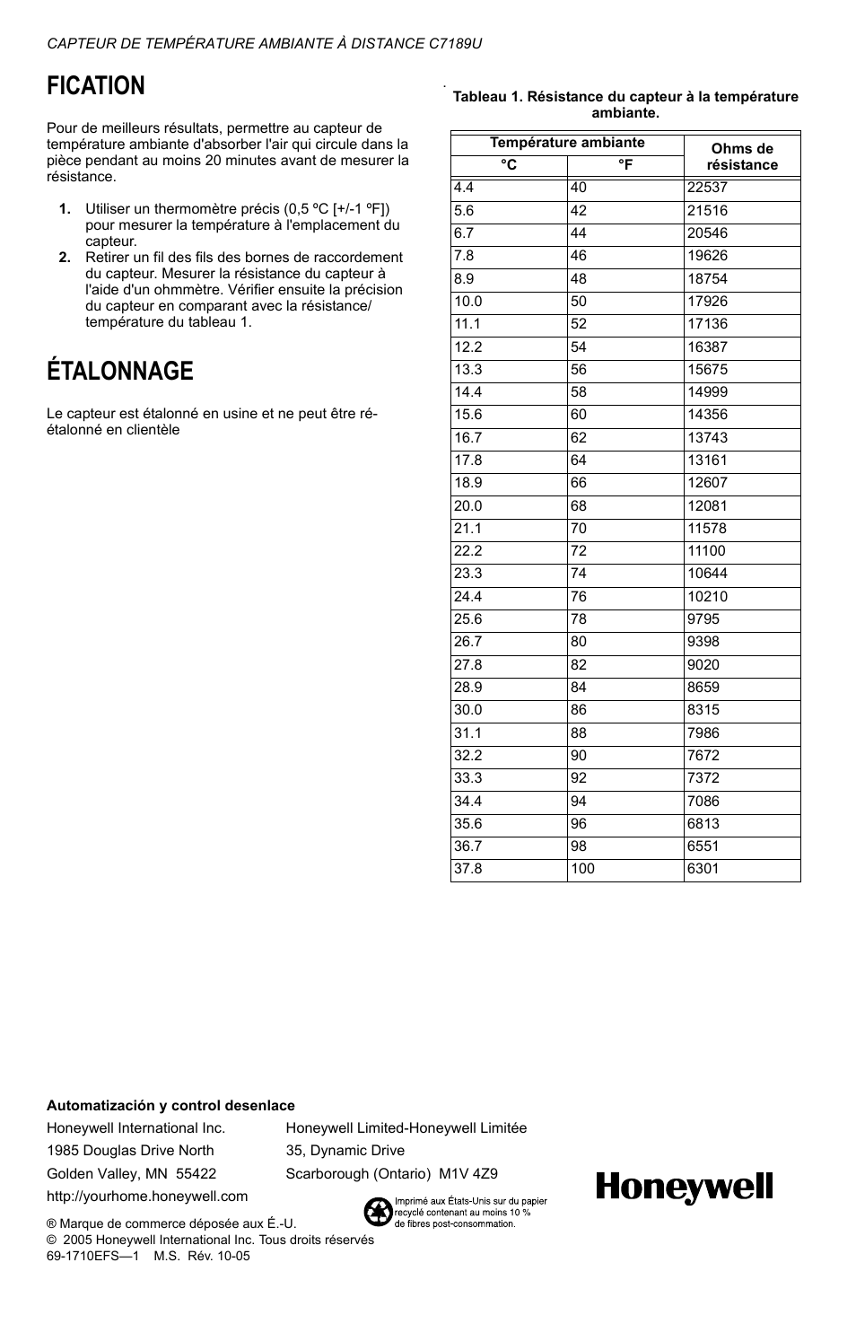 Fication, Étalonnage | Honeywell C7189U User Manual | Page 8 / 12