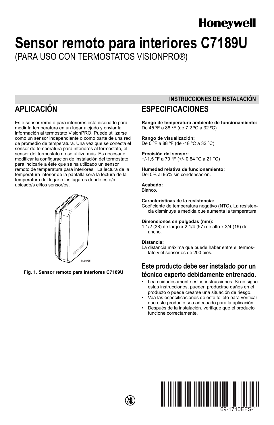 1710s.pdf, Sensor remoto para interiores c7189u, Para uso con termostatos visionpro®) | Aplicación, Especificaciones | Honeywell C7189U User Manual | Page 9 / 12