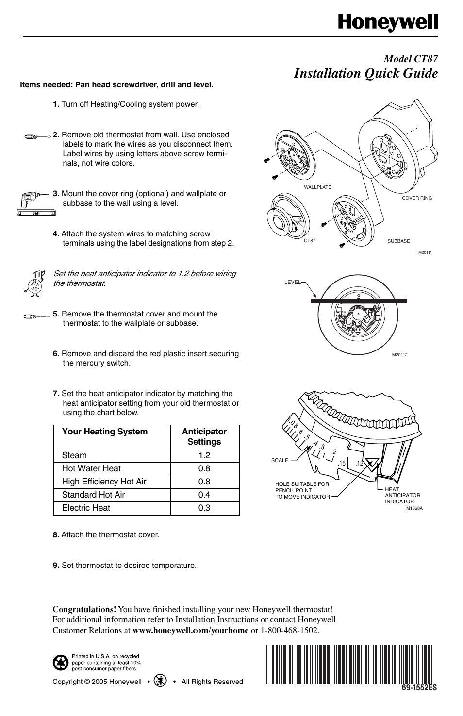 Honeywell CT87 User Manual | 2 pages