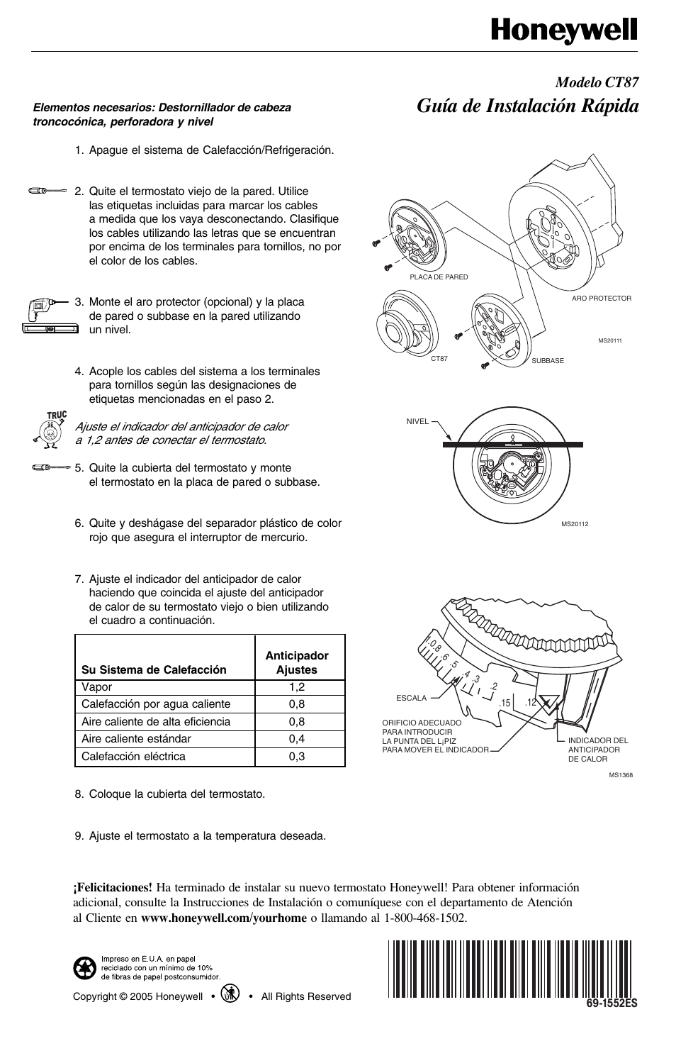 Guía de instalación rápida, Modelo ct87, 1552es | Honeywell CT87 User Manual | Page 2 / 2