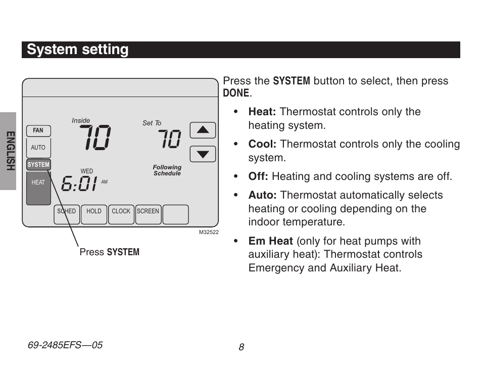 System setting | Honeywell TH8320ZW User Manual | Page 10 / 72