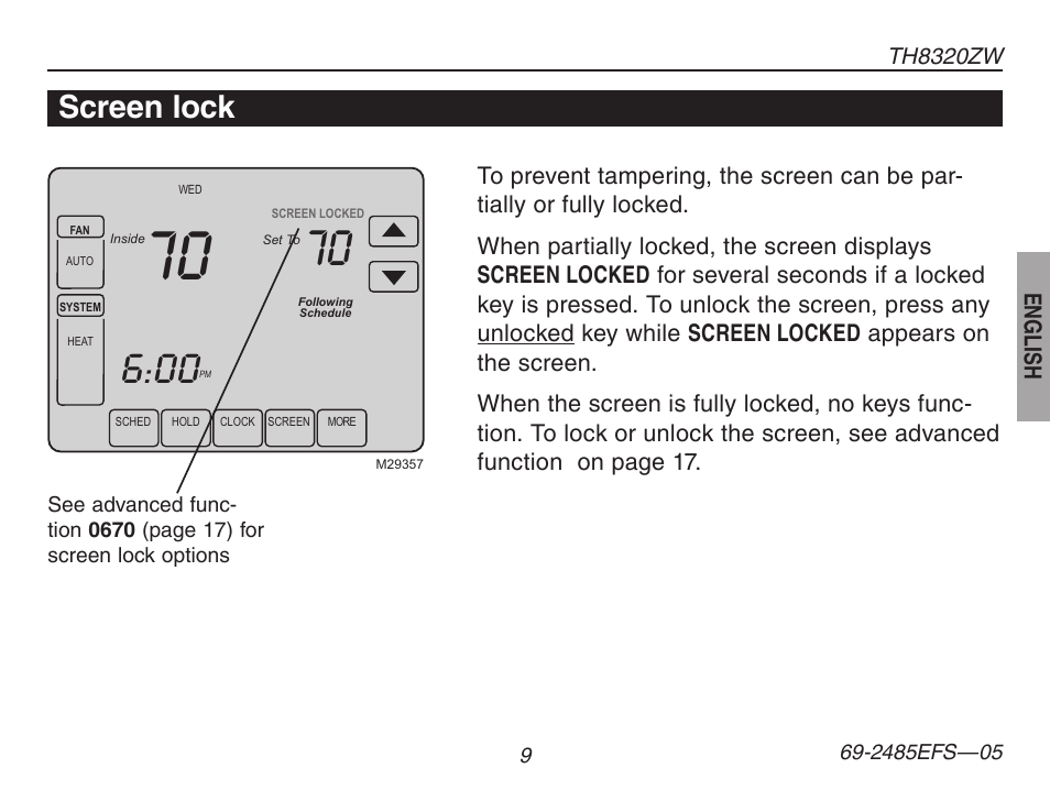 About your new thermostat, Screen lock | Honeywell TH8320ZW User Manual | Page 11 / 72