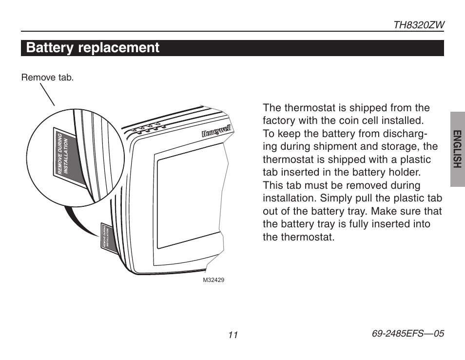 Battery replacement | Honeywell TH8320ZW User Manual | Page 13 / 72