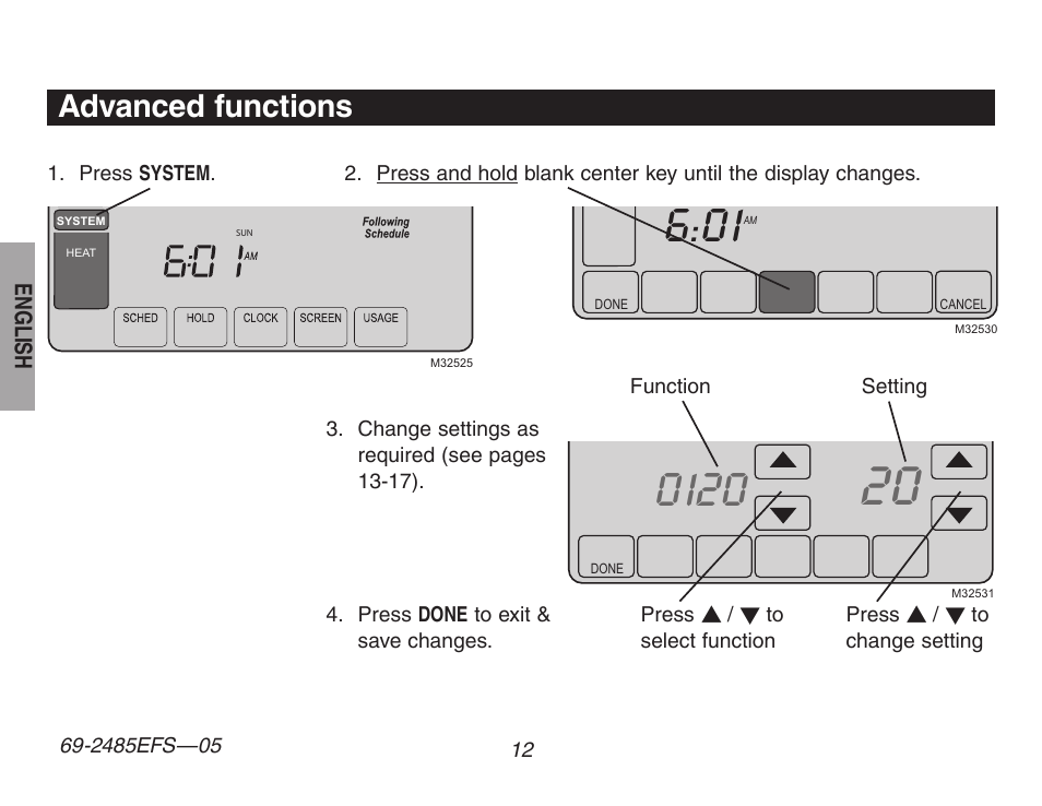 Advanced functions | Honeywell TH8320ZW User Manual | Page 14 / 72