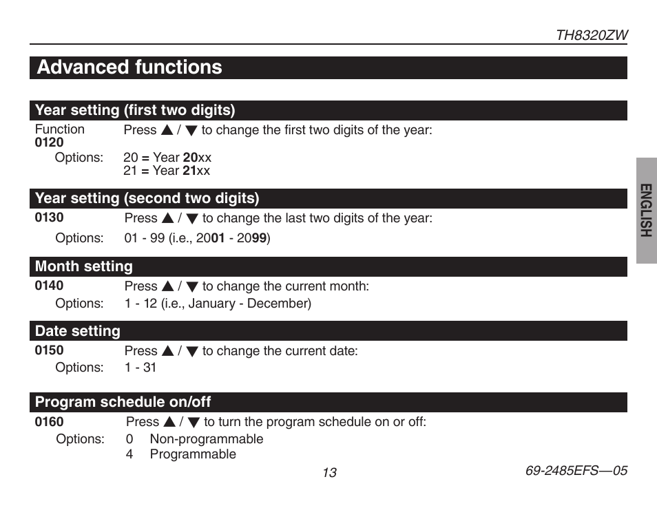 Advanced functions | Honeywell TH8320ZW User Manual | Page 15 / 72