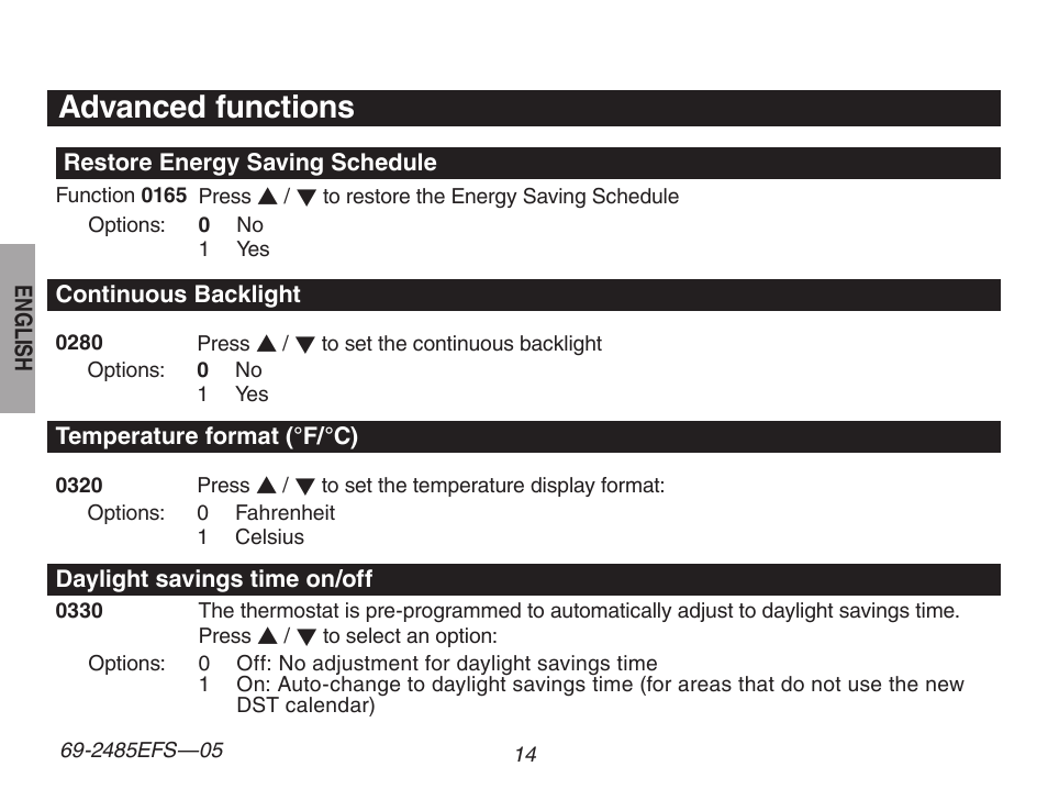 Advanced functions | Honeywell TH8320ZW User Manual | Page 16 / 72