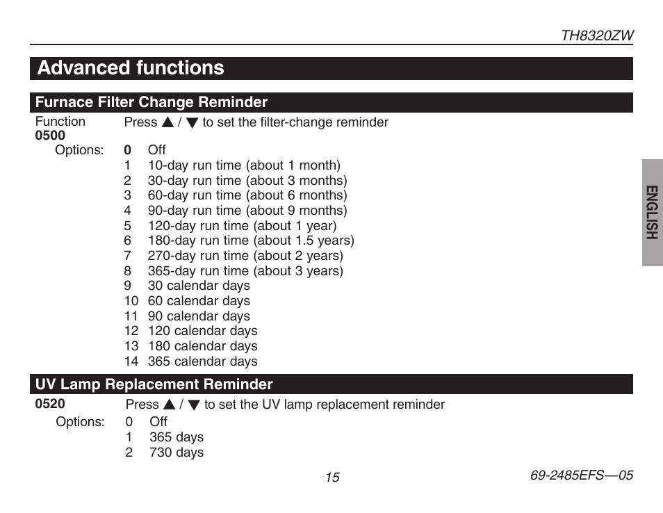 Advanced functions | Honeywell TH8320ZW User Manual | Page 17 / 72