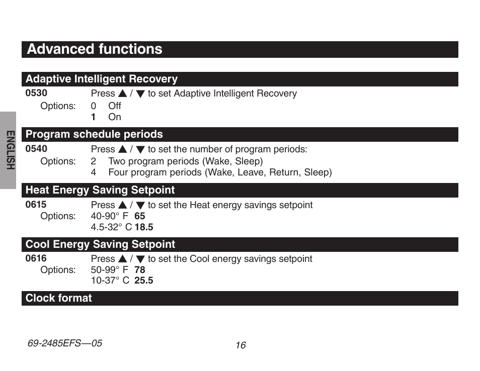 Advanced functions | Honeywell TH8320ZW User Manual | Page 18 / 72