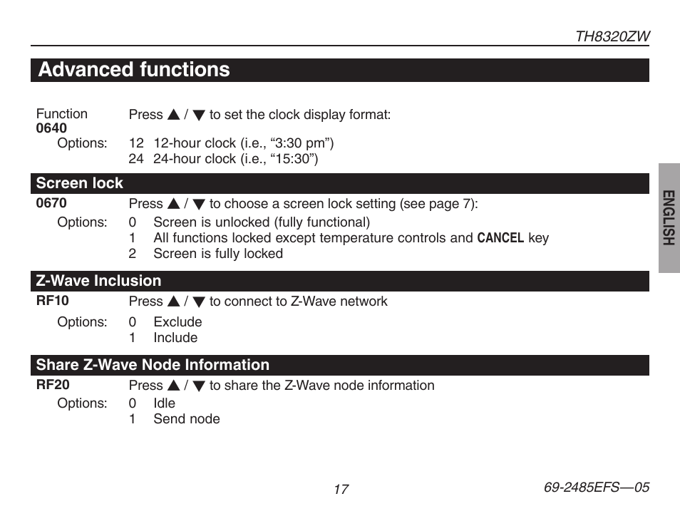 Advanced functions | Honeywell TH8320ZW User Manual | Page 19 / 72