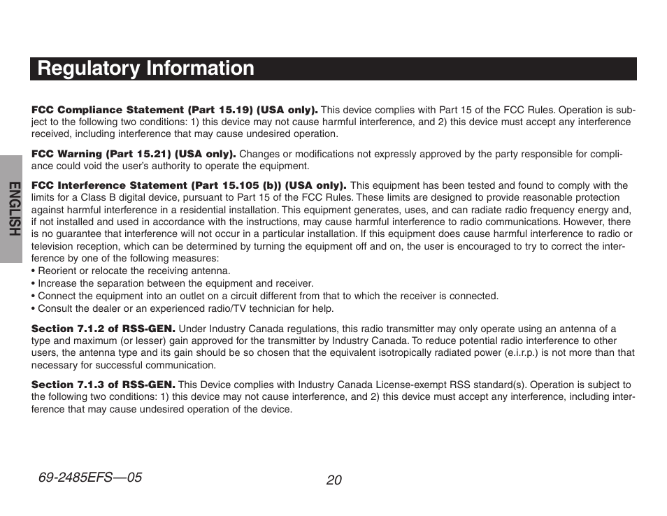 Regulatory information, English | Honeywell TH8320ZW User Manual | Page 22 / 72