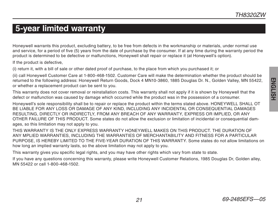 Year limited warranty | Honeywell TH8320ZW User Manual | Page 23 / 72