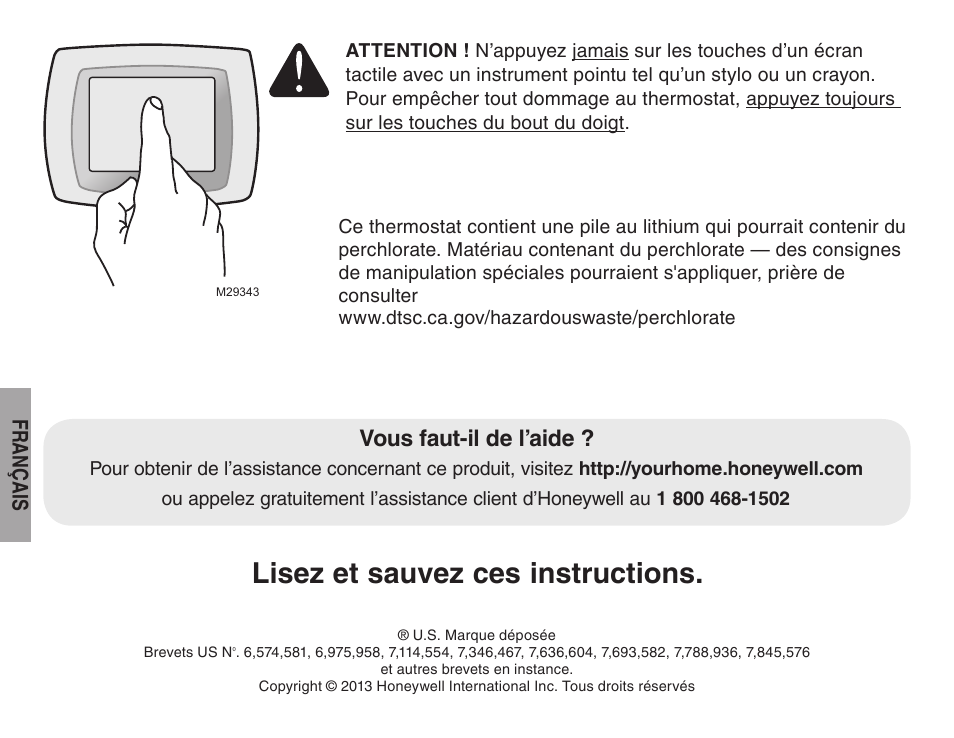 Lisez et sauvez ces instructions, Vous faut-il de l’aide, Français | Honeywell TH8320ZW User Manual | Page 26 / 72