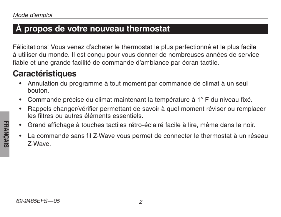 À propos du thermostat, Caractéristiques, À propos de votre nouveau thermostat | Honeywell TH8320ZW User Manual | Page 28 / 72