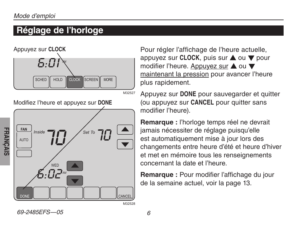 À propos du thermostat, Réglage de l’horloge | Honeywell TH8320ZW User Manual | Page 32 / 72