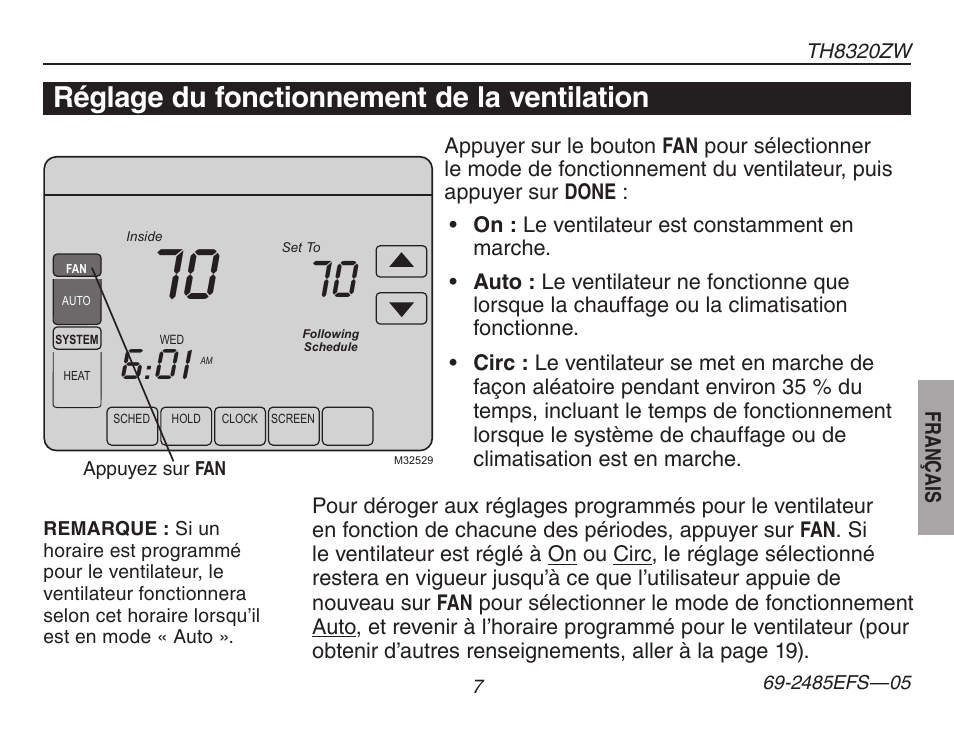 À propos du thermostat, Réglage du fonctionnement de la ventilation | Honeywell TH8320ZW User Manual | Page 33 / 72