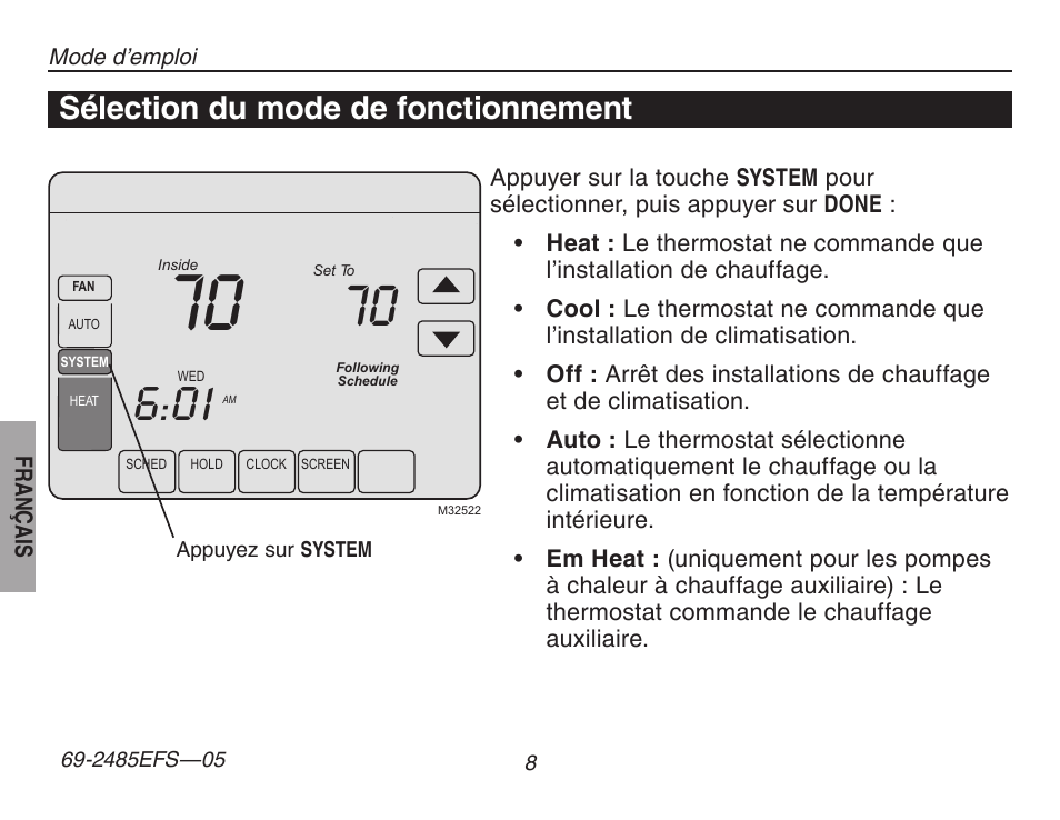 À propos du thermostat, Sélection du mode de fonctionnement | Honeywell TH8320ZW User Manual | Page 34 / 72