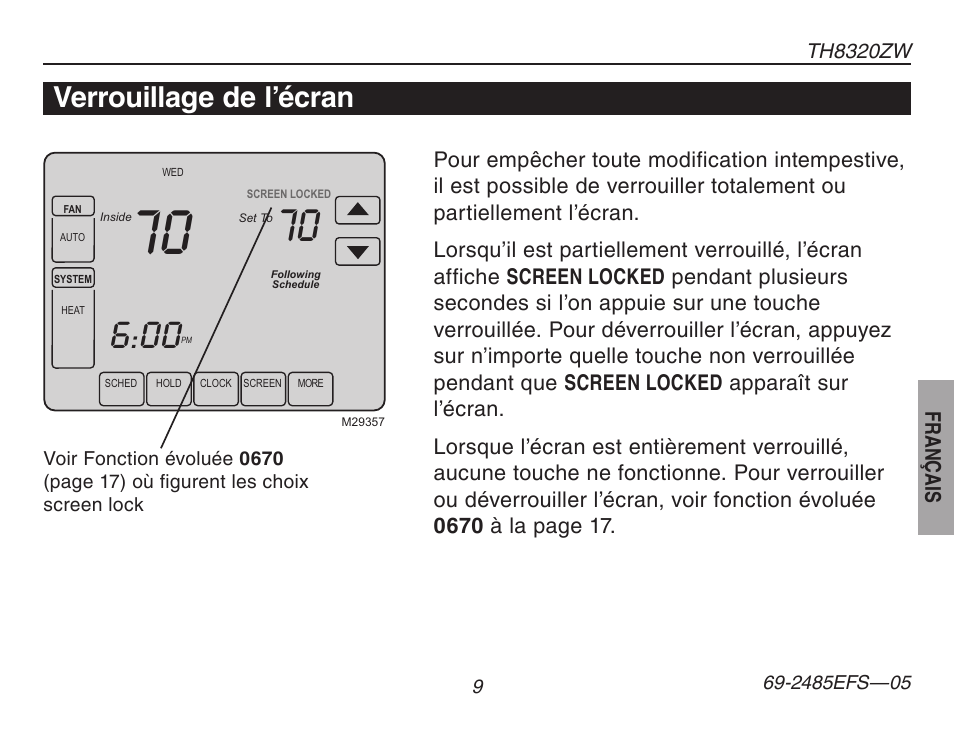 À propos du thermostat, Verrouillage de l’écran | Honeywell TH8320ZW User Manual | Page 35 / 72