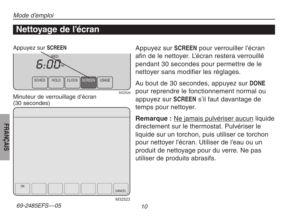 À propos du thermostat, Nettoyage de l’écran | Honeywell TH8320ZW User Manual | Page 36 / 72