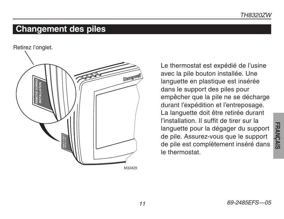 Changement des piles | Honeywell TH8320ZW User Manual | Page 37 / 72