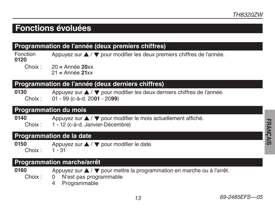 Fonctions évoluées | Honeywell TH8320ZW User Manual | Page 39 / 72