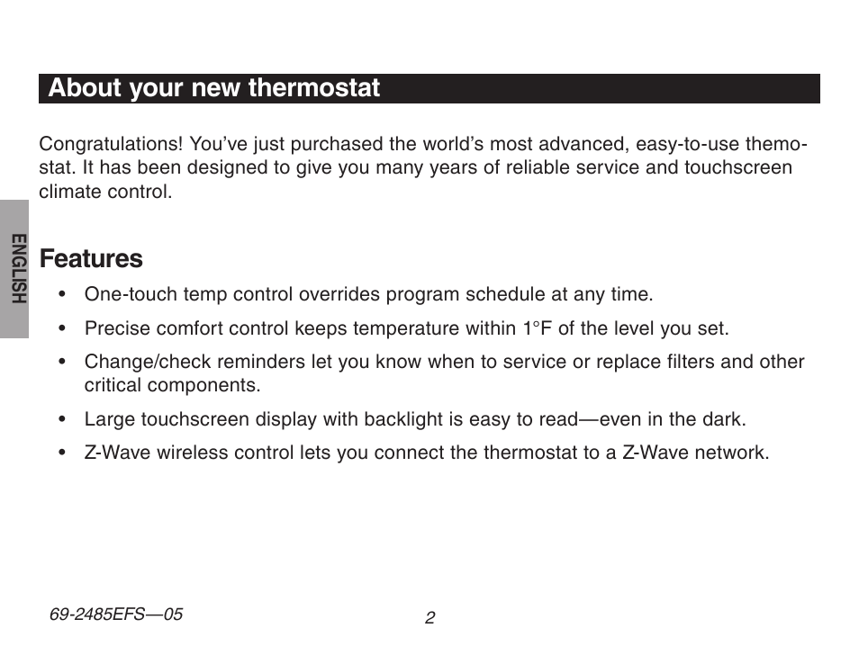 About your new thermostat, Features | Honeywell TH8320ZW User Manual | Page 4 / 72