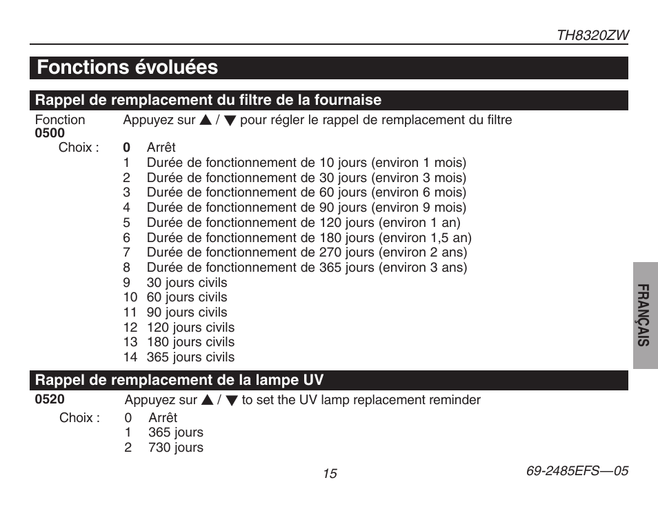 Fonctions évoluées | Honeywell TH8320ZW User Manual | Page 41 / 72