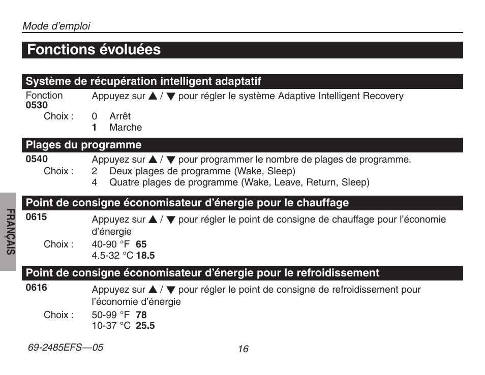 Fonctions évoluées | Honeywell TH8320ZW User Manual | Page 42 / 72