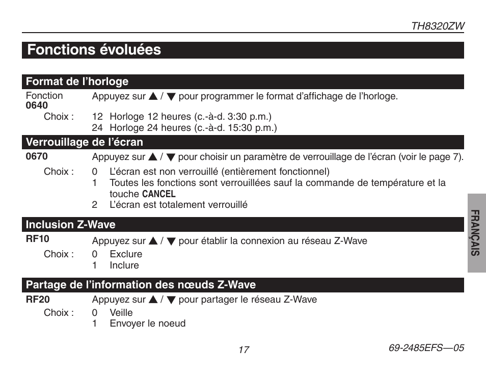 Fonctions évoluées | Honeywell TH8320ZW User Manual | Page 43 / 72