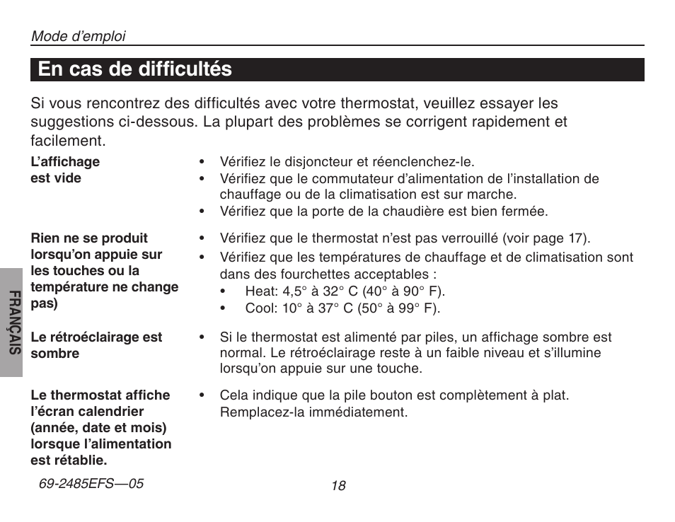 À propos du thermostat, En cas de difficultés | Honeywell TH8320ZW User Manual | Page 44 / 72