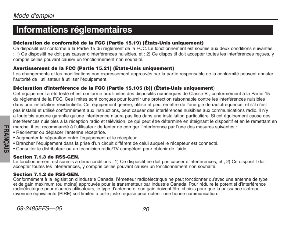 Informations réglementaires, Français | Honeywell TH8320ZW User Manual | Page 46 / 72