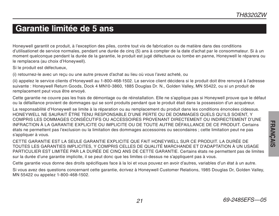 Garantie limitée de 5 ans | Honeywell TH8320ZW User Manual | Page 47 / 72