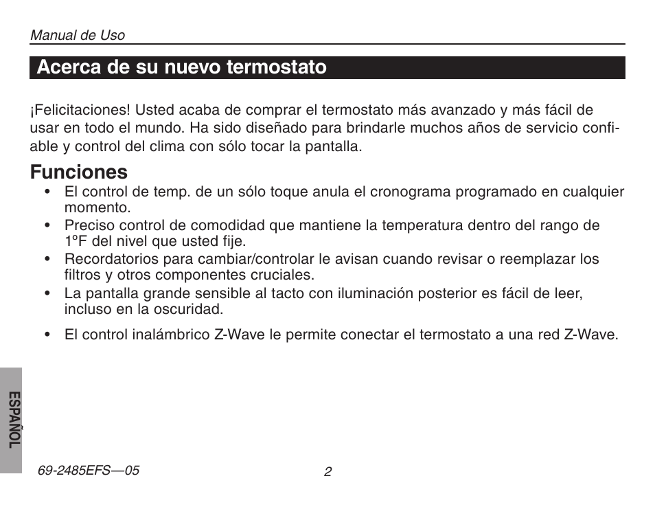 Funciones, Acerca de su nuevo termostato | Honeywell TH8320ZW User Manual | Page 52 / 72