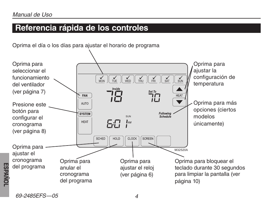 Referencia rápida de los controles, Esp añol, Manual de uso | Honeywell TH8320ZW User Manual | Page 54 / 72